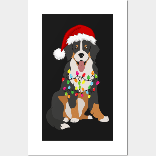Bernese Holiday Christmas Light - Funny Bernese Mountain Dog Lights Christmas in Santa Hat Holiday Santa Posters and Art